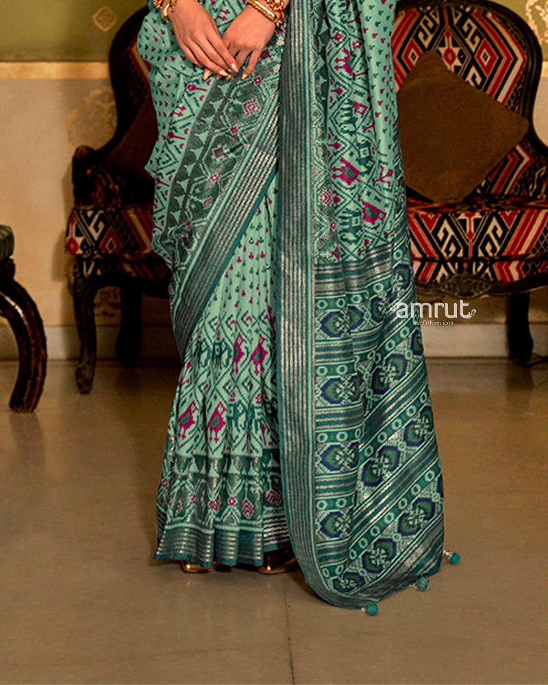 Light Green Saree Patola With Unstitched Blouse In Cotton Silk