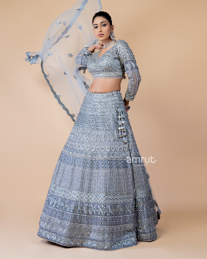 Light Grey Hand Embroidered Lehenga With Designer Blouse