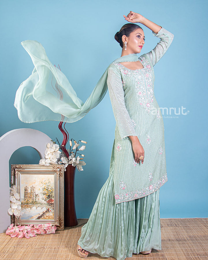 Light Mint Green Kurti and Sharara Set in Georgette with Sequins Work