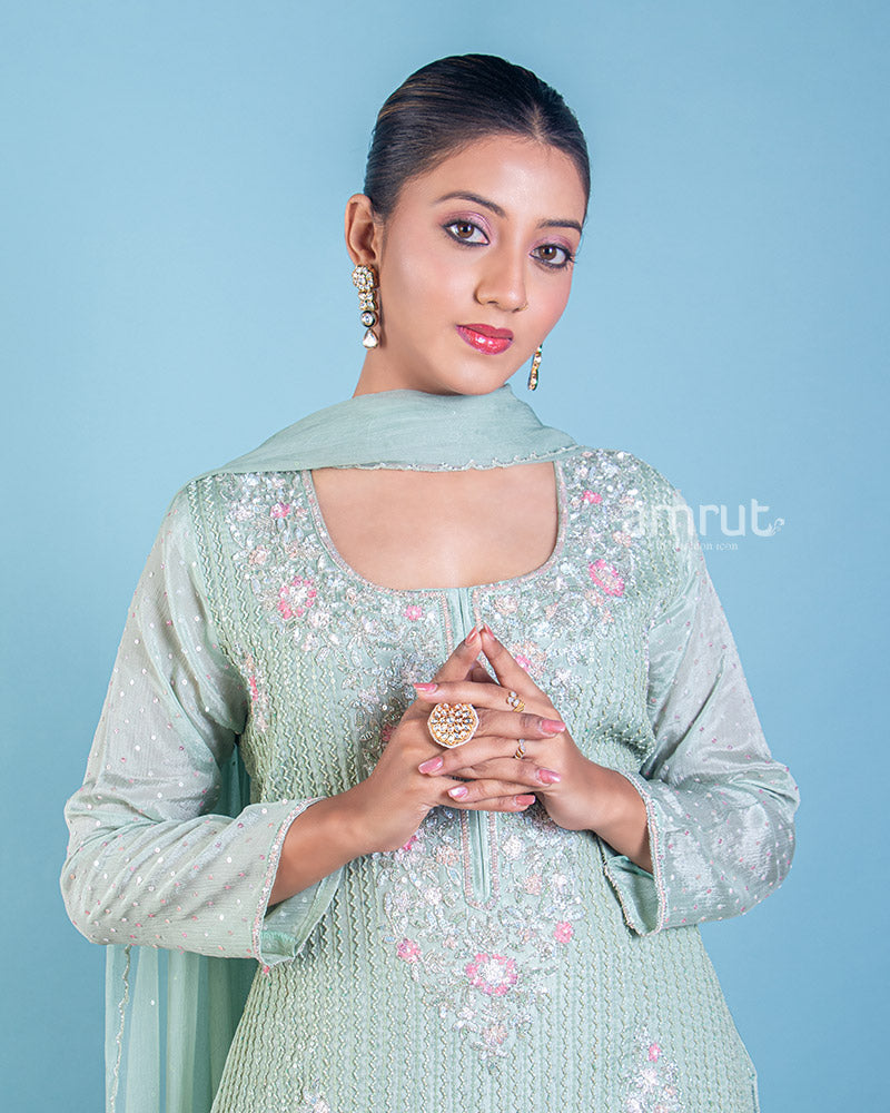 Light Mint Green Kurti and Sharara Set in Georgette with Sequins Work