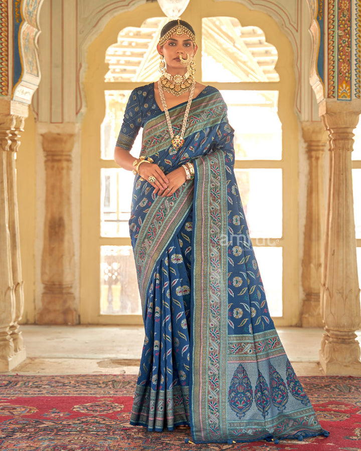 Light Navy Blue Floral Printed Saree With Unstitched Blouse