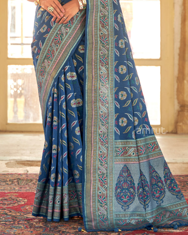 Light Navy Blue Floral Printed Saree With Unstitched Blouse