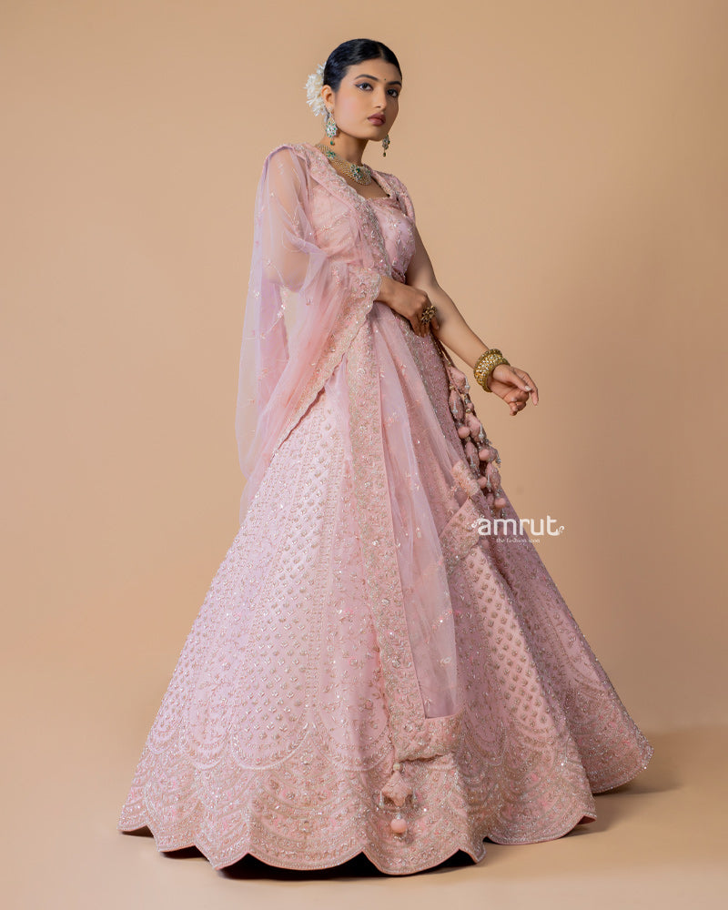 Light Pink Cutdana and Zari Embroidered Bridal Lehenga Set With Tassels