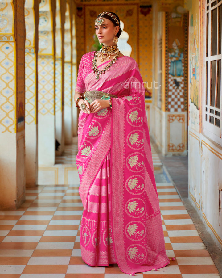 Light Pink Floral Printed Saree With Unstitched Blouse