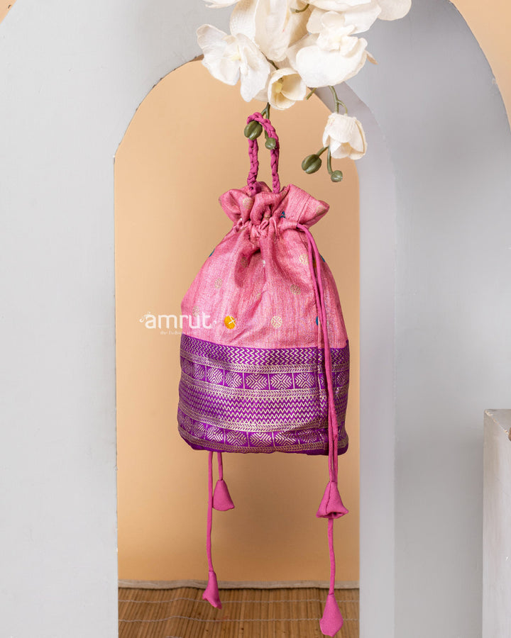 Light Pink Potli Bag for Women In Cotton Silk