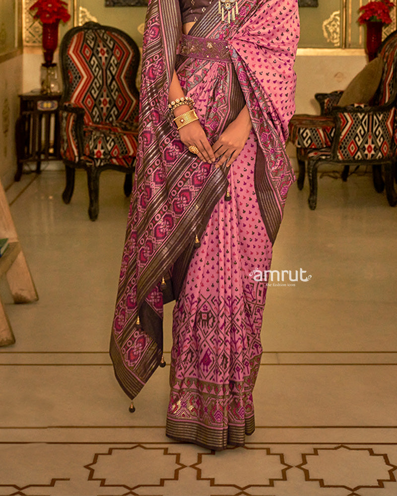 Light Pink Saree Patola With Unstitched Blouse in Cotton Silk
