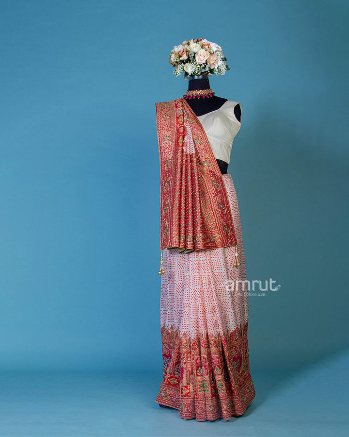 Light Pink Silk Saree With Red Pallu and Unstitched Blouse