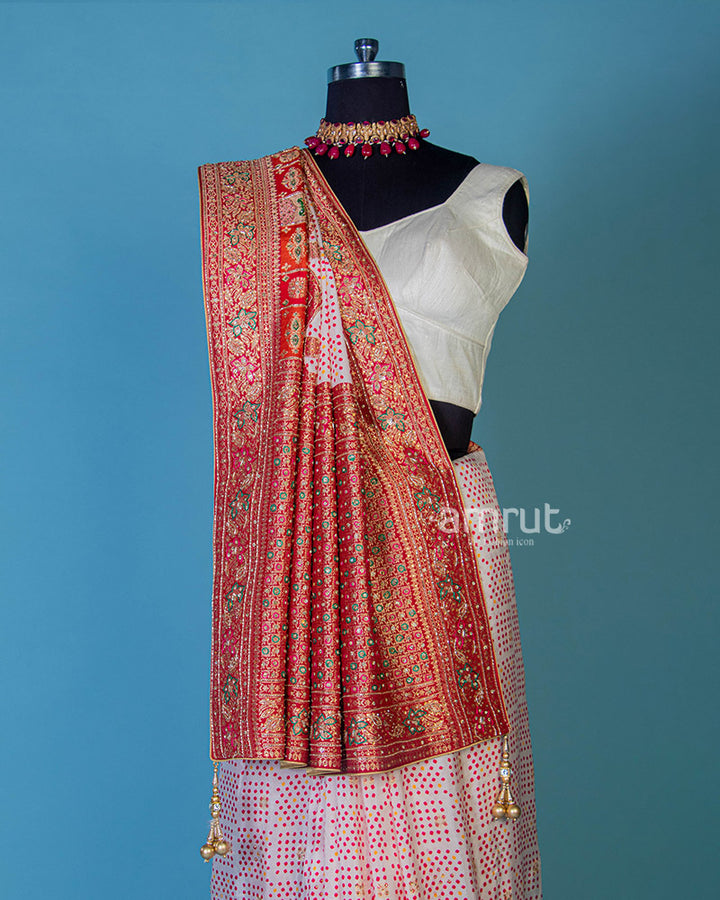 Light Pink Silk Saree With Red Pallu and Unstitched Blouse