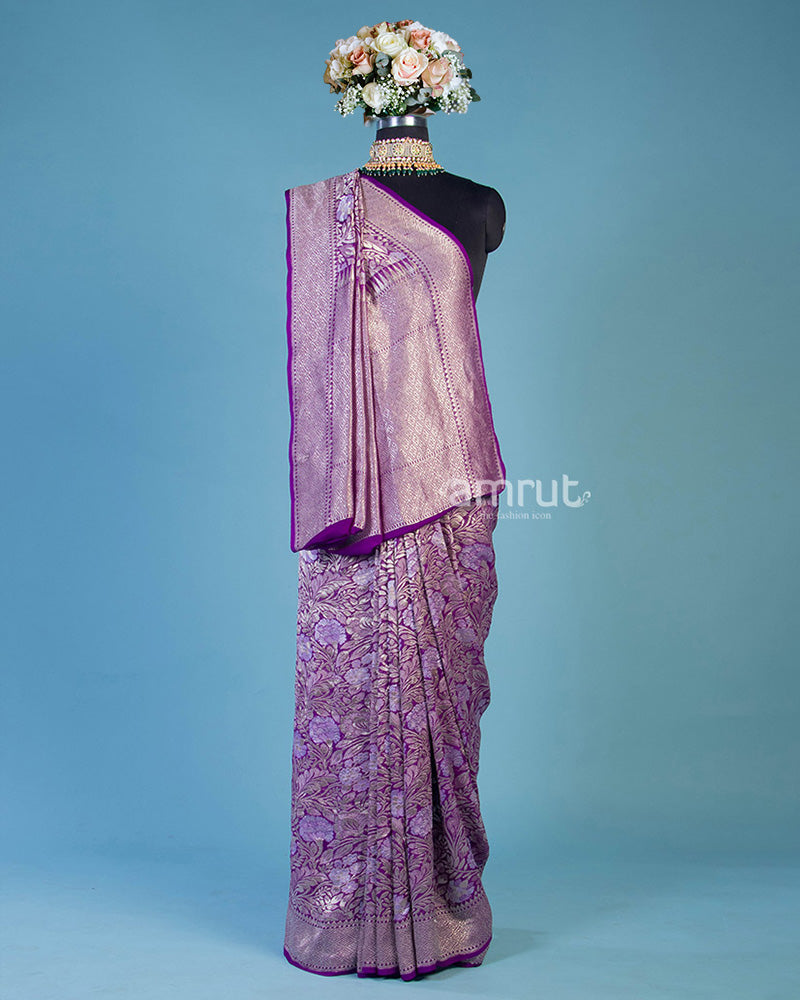 Light Purple Banarasi Silk Saree With Unstitch Blouse