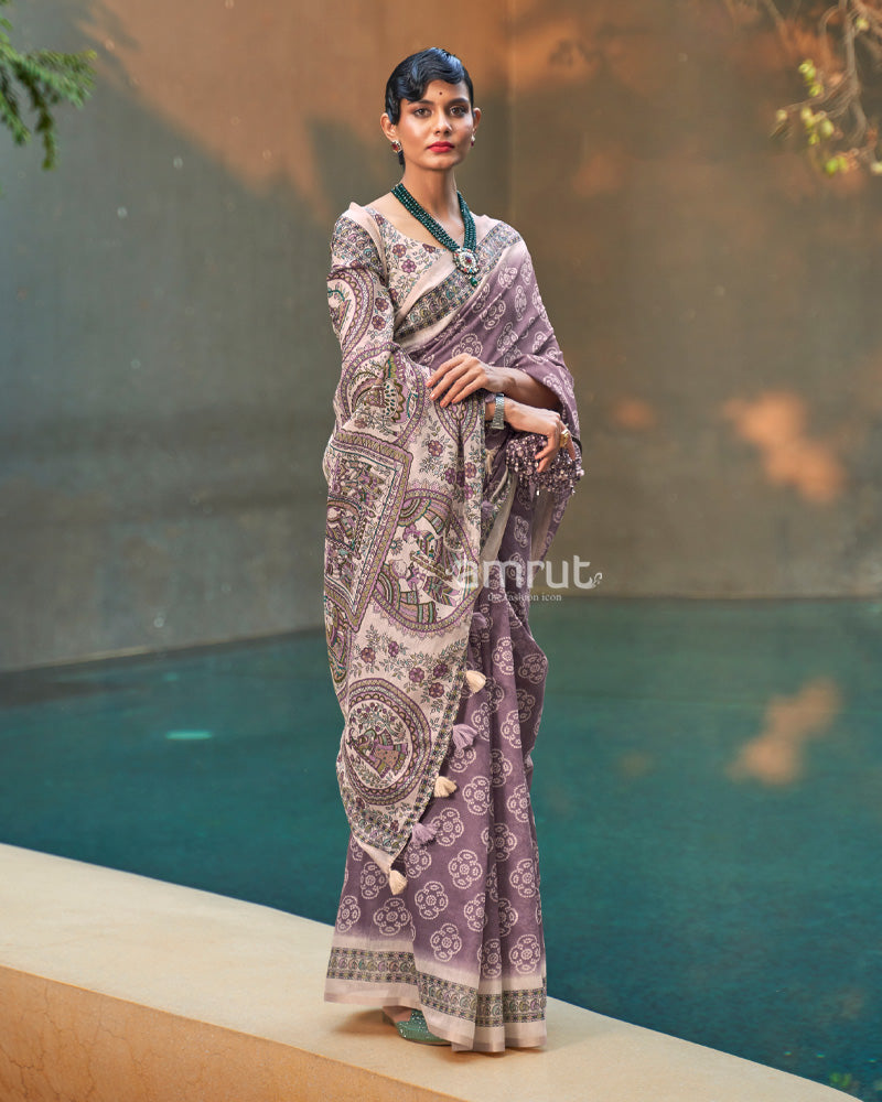 Light Purple Printed Chiffon Saree With Madhubani Print Pallu and Unstitched Blouse Piece