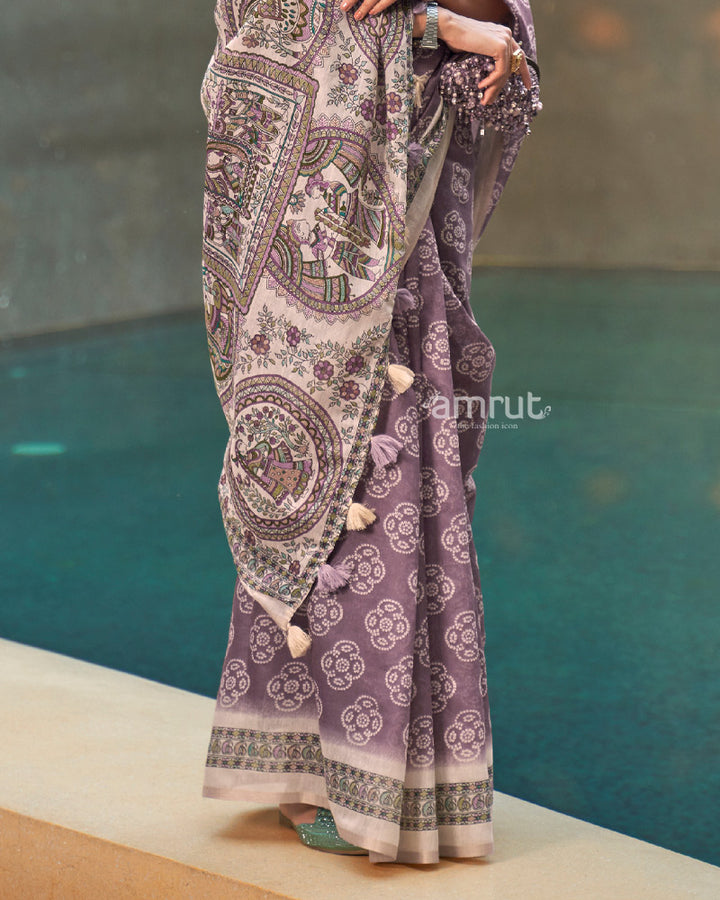 Light Purple Printed Chiffon Saree With Madhubani Print Pallu and Unstitched Blouse Piece