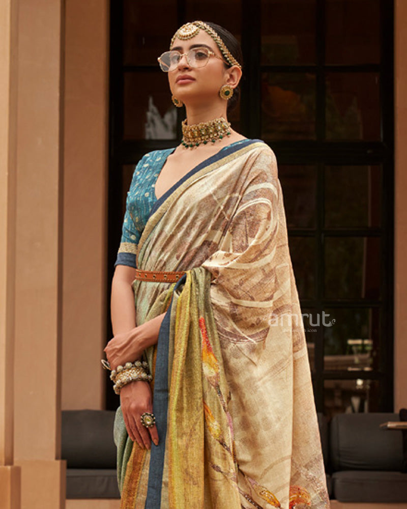 Light Taupe Cotton Silk Saree With Unstitched Blouse