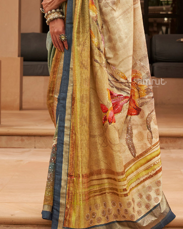 Light Taupe Cotton Silk Saree With Unstitched Blouse