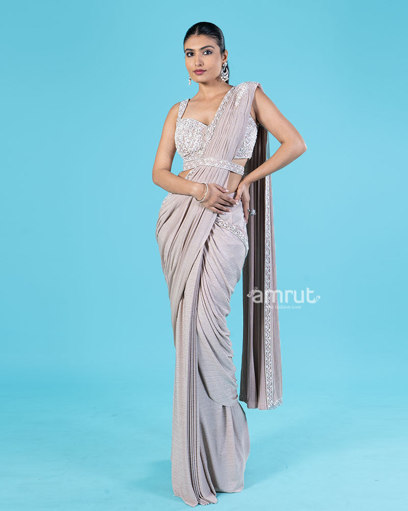 Light Beige Brown Ready-to-Wear Saree with Embellished Blouse and Belt 01
