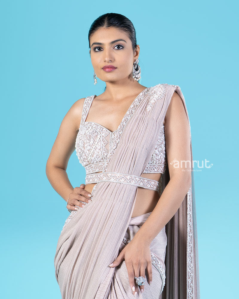 Light Beige Brown Ready-to-Wear Saree with Embellished Blouse and Belt 02