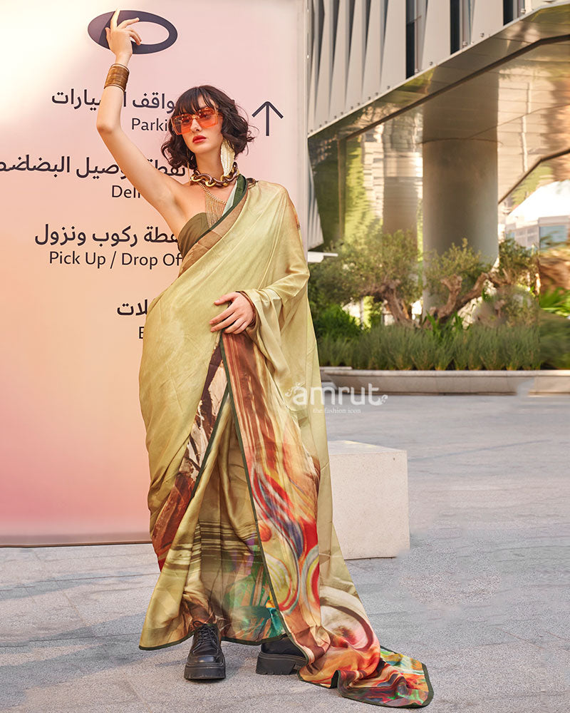 Light Beige Digital Print Satin Saree with Unstitched Blouse 01