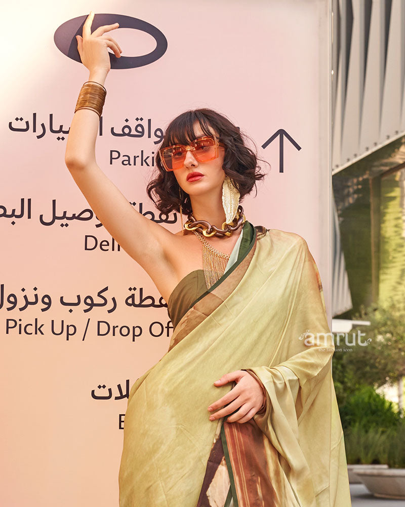 Light Beige Digital Print Satin Saree with Unstitched Blouse 02