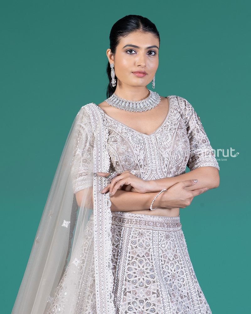 Light Beige Embellished Lehenga Choli with Net Dupatta 02