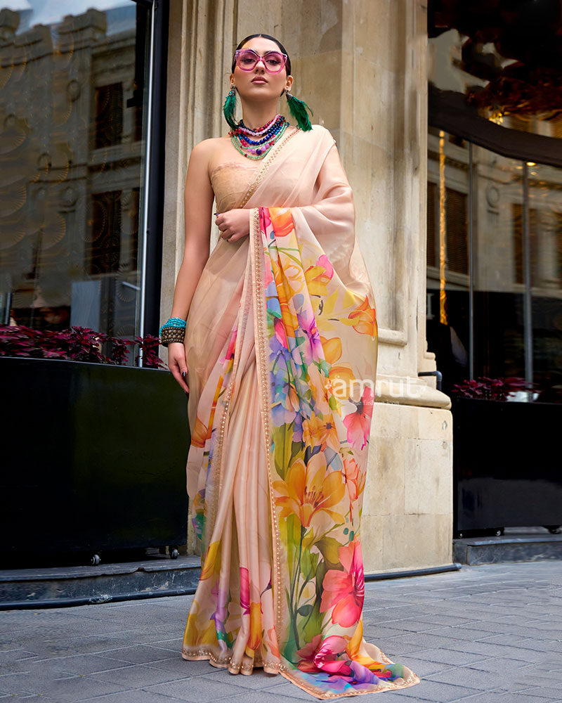 Light Beige Floral Digital Print Saree with Embellished Border and Unstitched Blouse 01