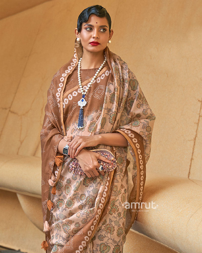 Light Beige Floral Printed Cotton Saree with Unstitched Blouse 02