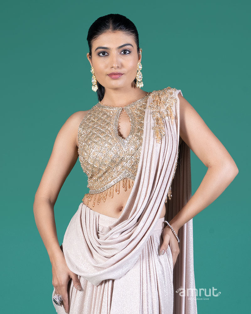 Light Beige Ready-to-Wear Saree with Embellished Blouse 02