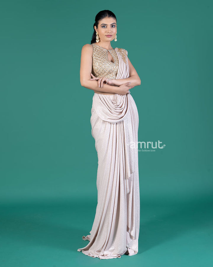 Light Beige Ready-to-Wear Saree with Embellished Blouse 04