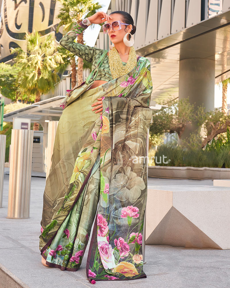 Light Beige and Multicolor Digital Print Satin Saree with Unstitched Blouse 01