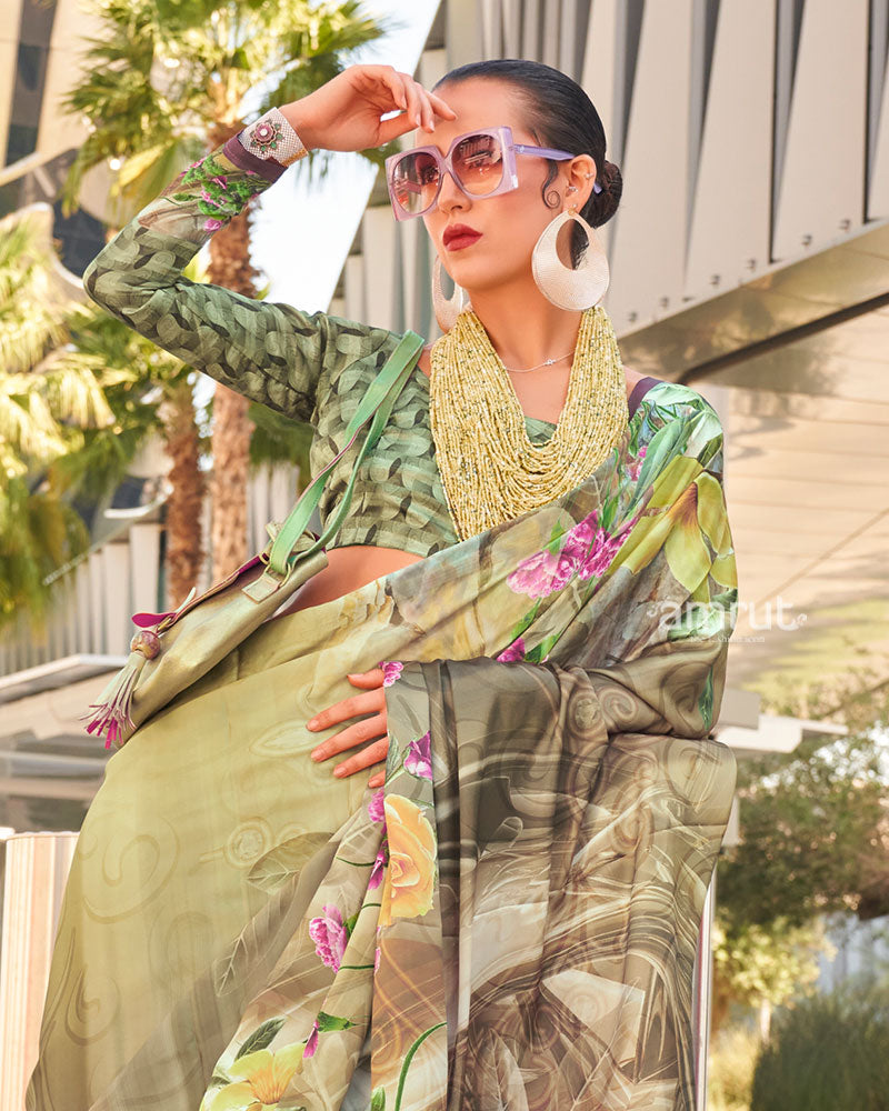 Light Beige and Multicolor Digital Print Satin Saree with Unstitched Blouse 02