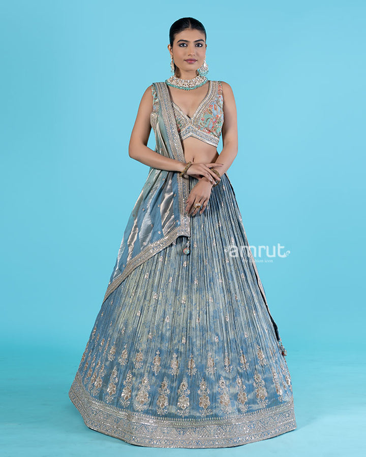 Light Blue-Gray Embroidered Lehenga Choli with Dupatta 01