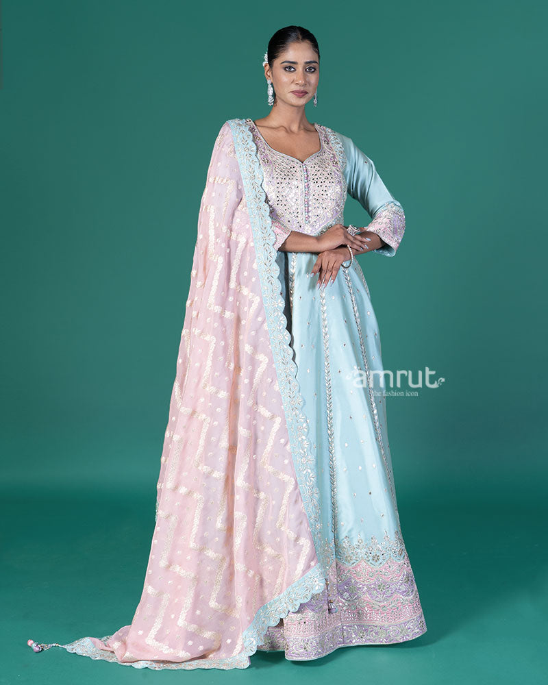 Light Blue Embroidered Anarkali with Pinkish-Rose Dupatta 01