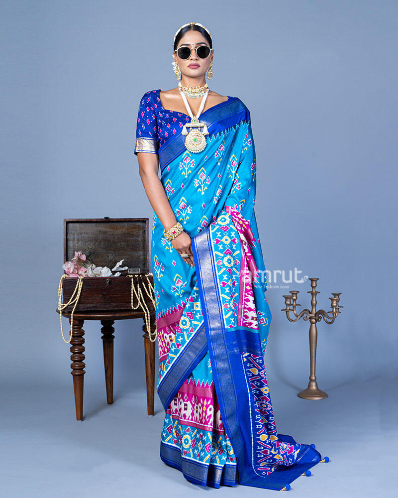 Light Blue Patola Printed Viscose Silk Saree with Royal Blue Border and Unstitched Blouse 01