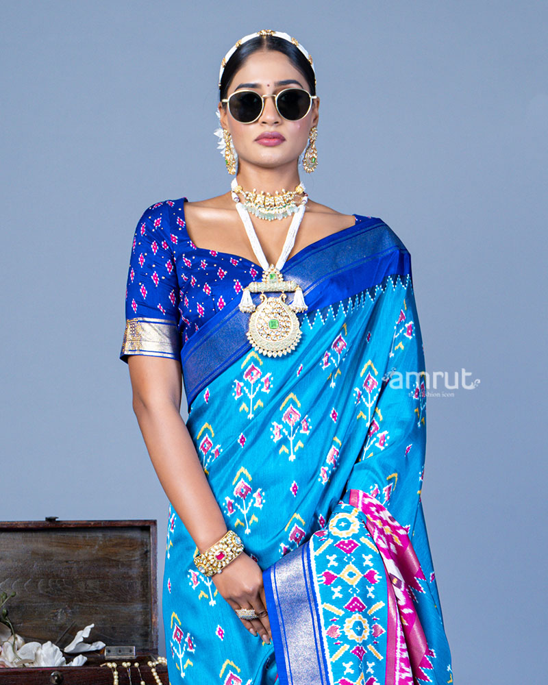 Light Blue Patola Printed Viscose Silk Saree with Royal Blue Border and Unstitched Blouse 02