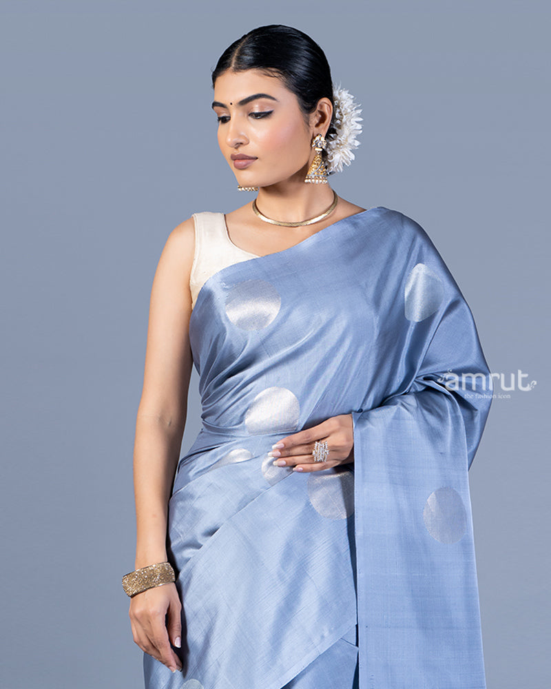 Light Blue Zari Woven Circular Motif Saree with Unstitched Blouse 02