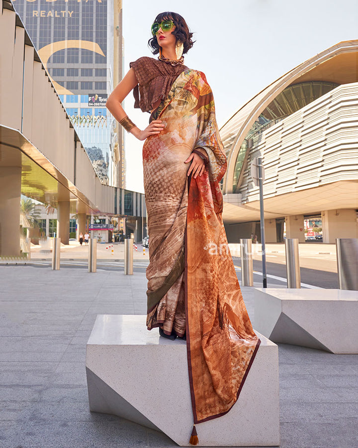 Light Brown Digital Print Satin Saree with Unstitched Blouse