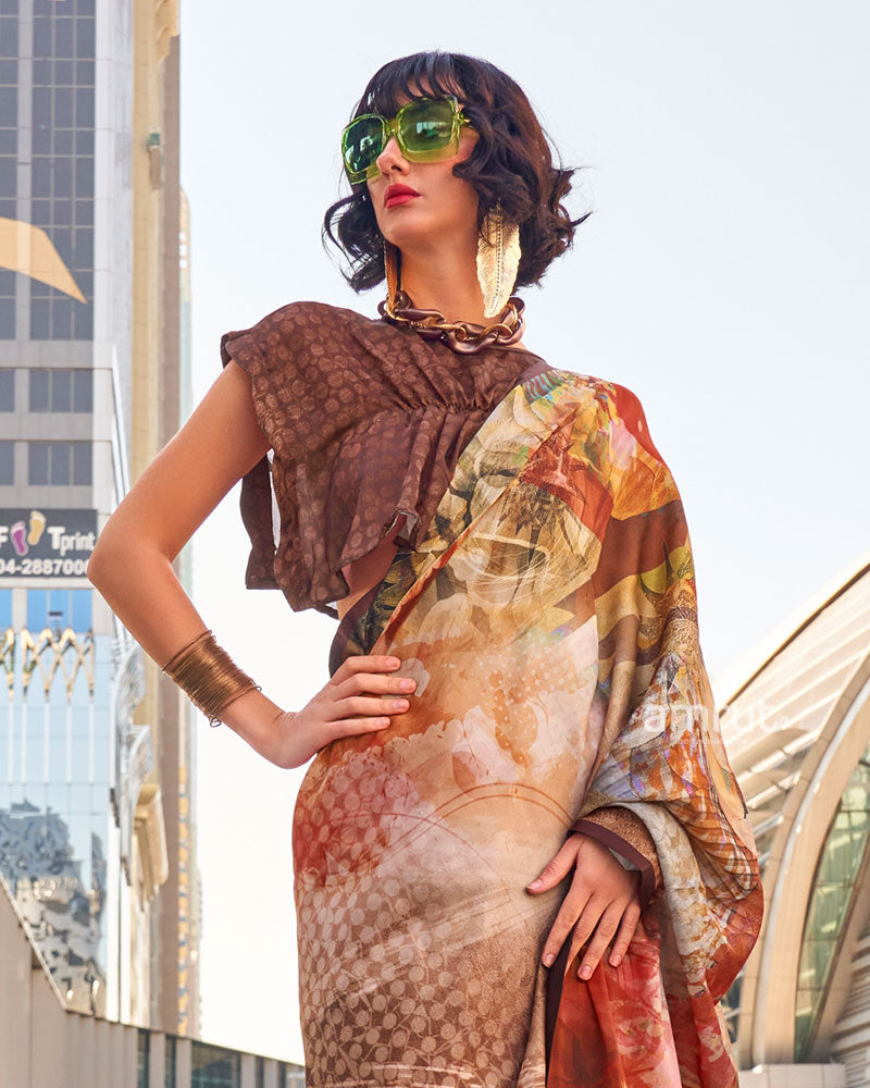 Light Brown Digital Print Satin Saree with Unstitched Blouse 02
