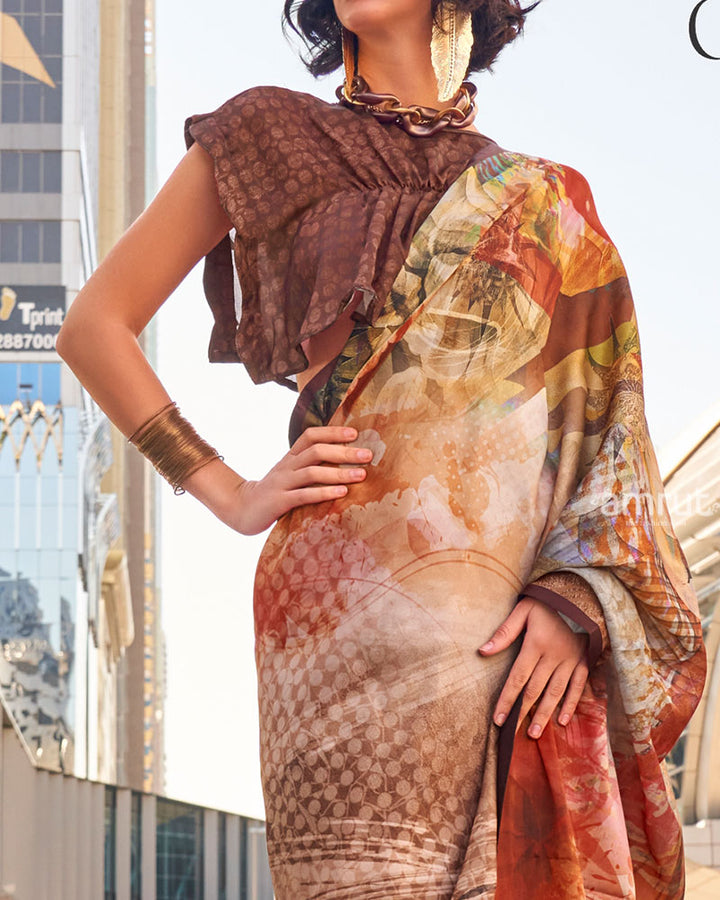 Light Brown Digital Print Satin Saree with Unstitched Blouse 03