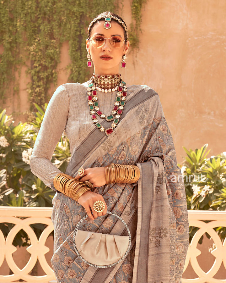 Light Brown with Brown Border Printed Saree and Unstitched Blouse 02