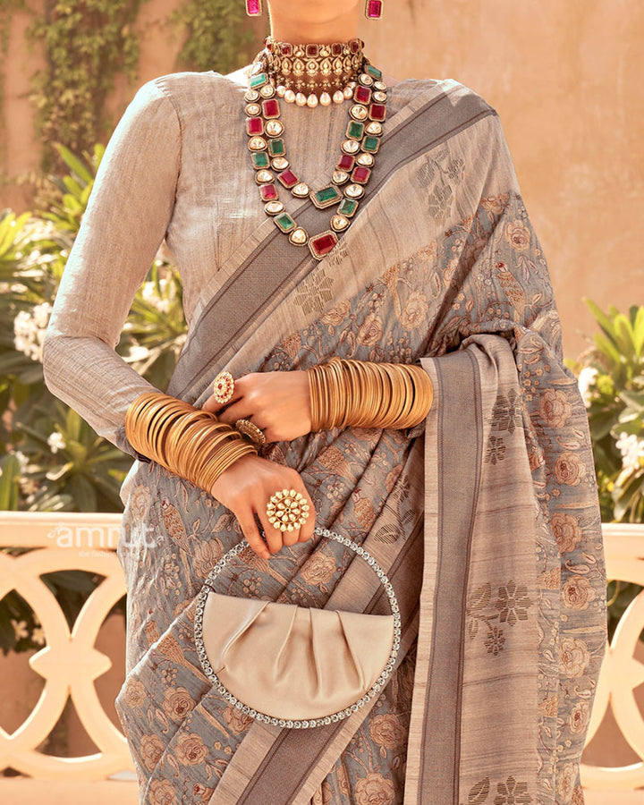 Light Brown with Brown Border Printed Saree and Unstitched Blouse 03