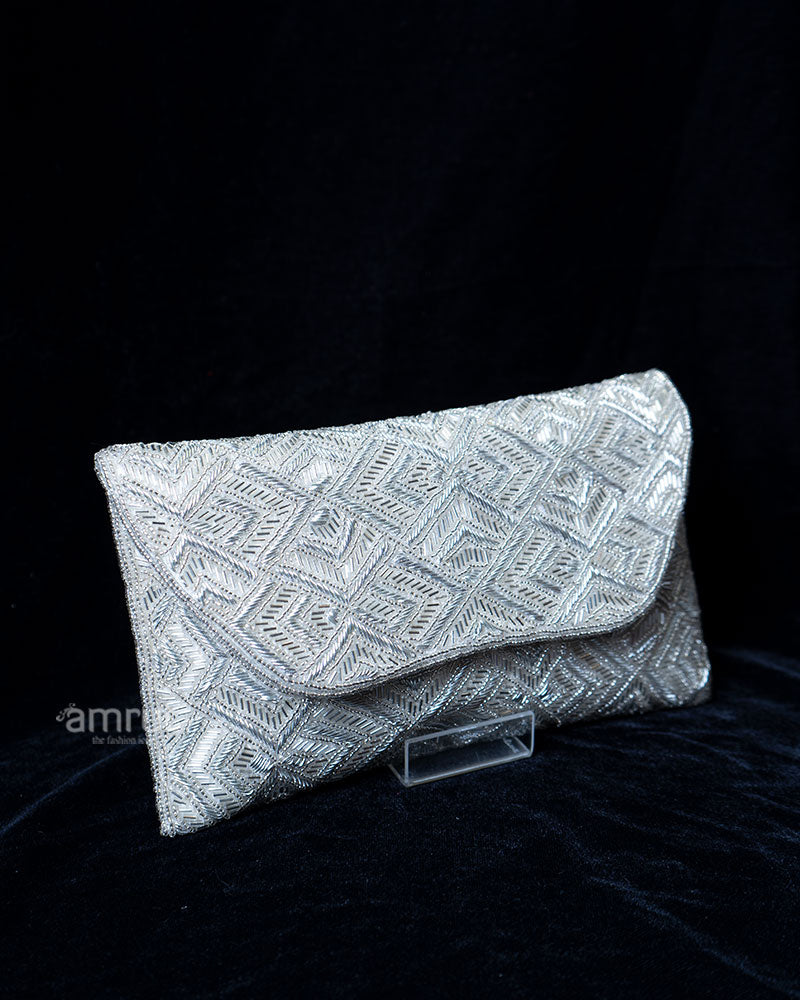 Light Cream and Grey Beaded Geometric Design Flap Clutch Purse 01