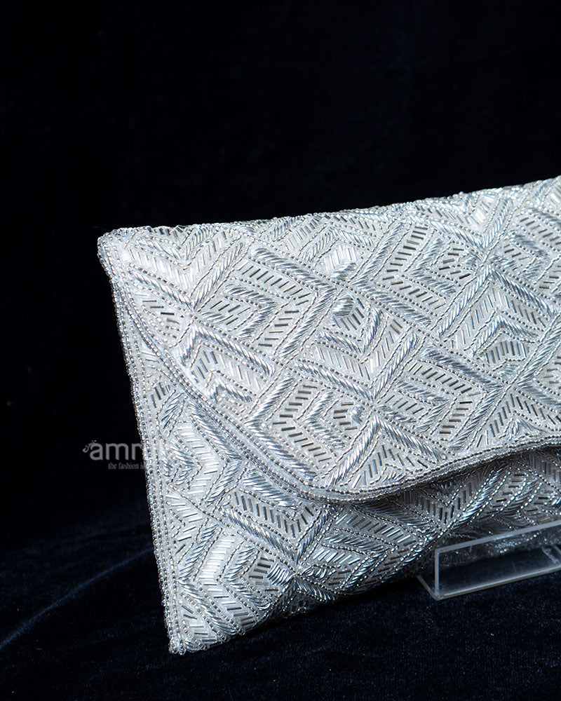 Light Cream and Grey Beaded Geometric Design Flap Clutch Purse 02