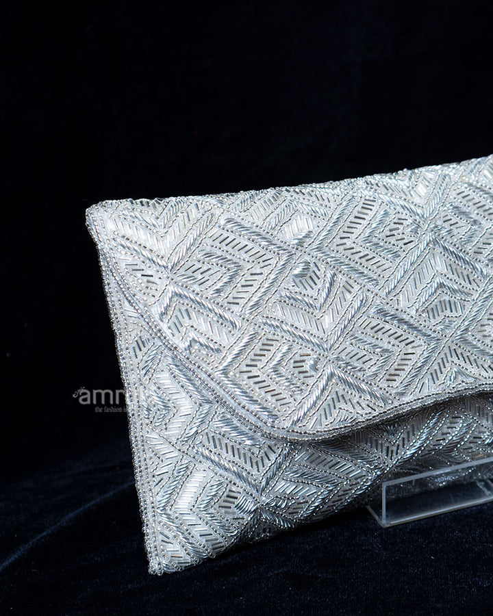 Light Cream and Grey Beaded Geometric Design Flap Clutch Purse 02