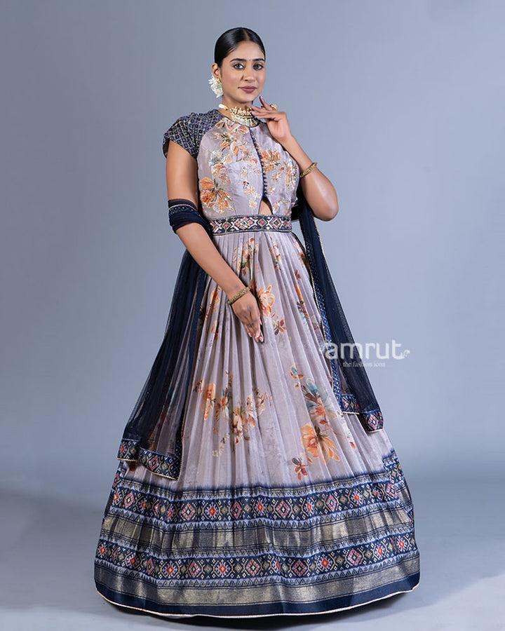 Light Gray Floral Printed Gown with Embellished Sleeves and Dupatta  01
