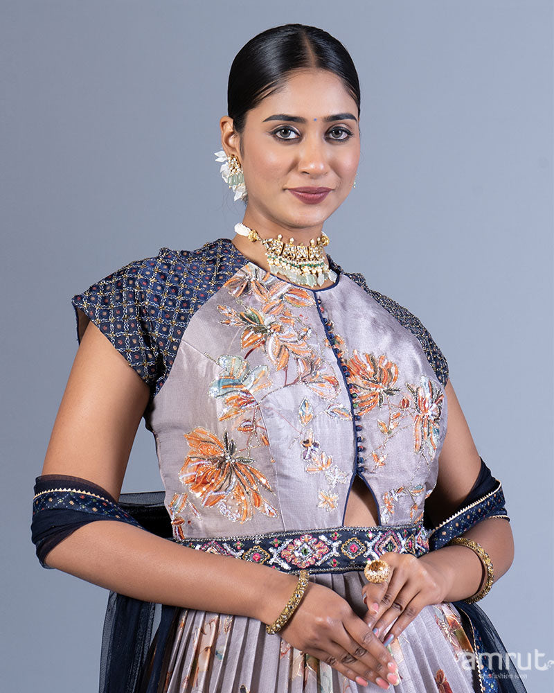 Light Gray Floral Printed Gown with Embellished Sleeves and Dupatta  02