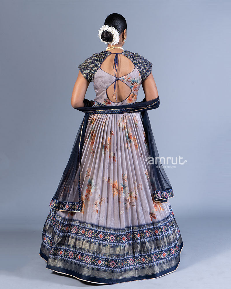 Light Gray Floral Printed Gown with Embellished Sleeves and Dupatta  03