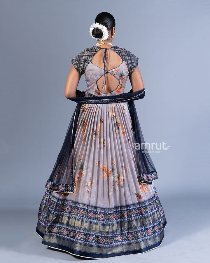 Light Gray Floral Printed Gown with Embellished Sleeves and Dupatta  03