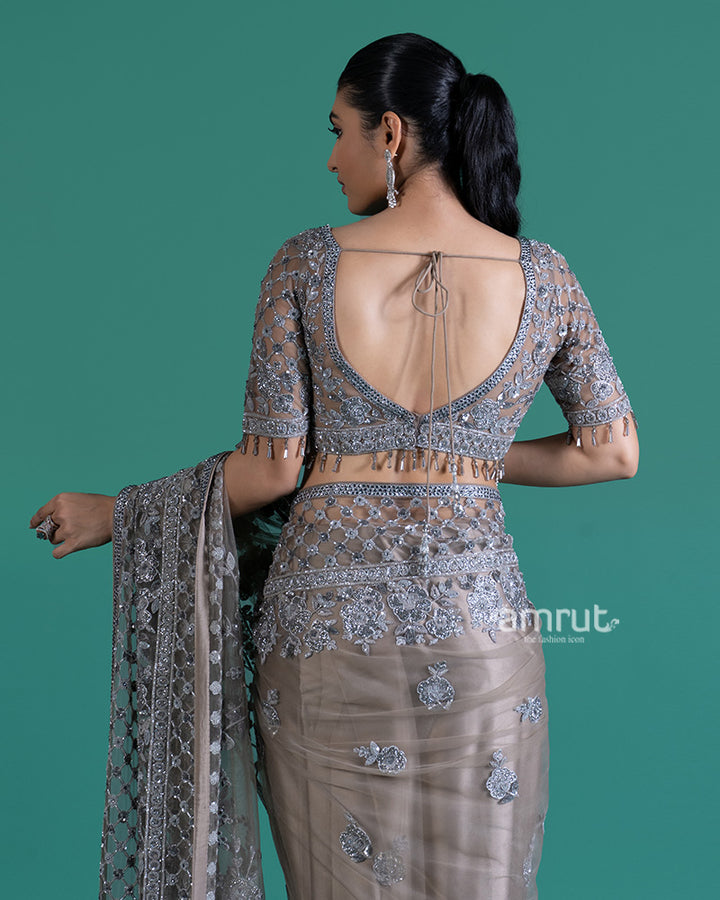 Light Gray Geometric Beaded Embellished Net Saree with Blouse 05
