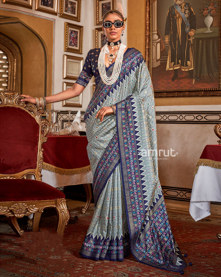 Light Gray with Navy Blue Floral Motifs Printed Border Saree and Unstitched Blouse 01