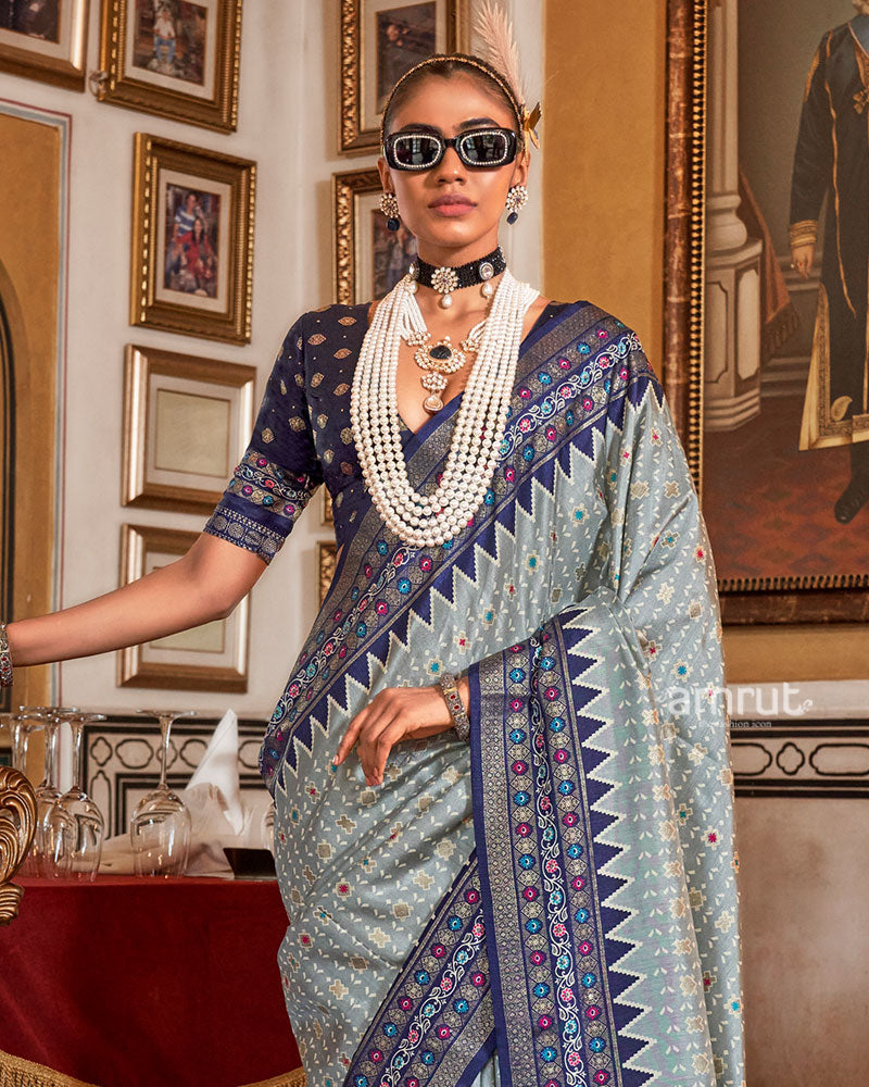 Light Gray with Navy Blue Floral Motifs Printed Border Saree and Unstitched Blouse 02