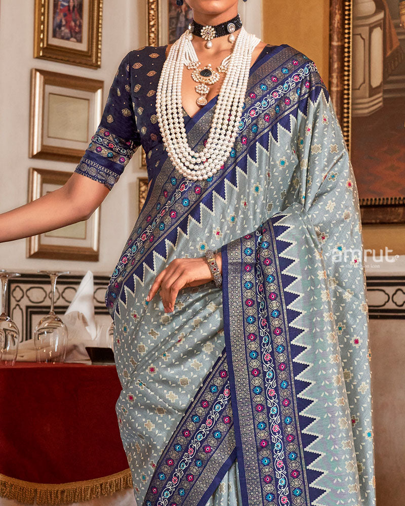 Light Gray with Navy Blue Floral Motifs Printed Border Saree and Unstitched Blouse 03