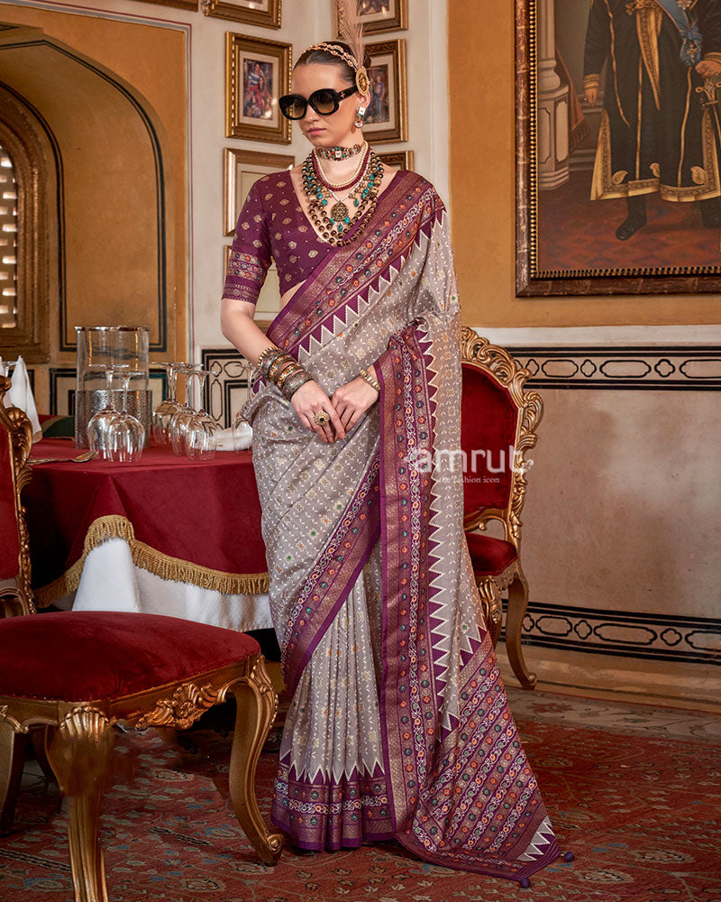 Light Gray with Purple Floral Motifs Printed Border Saree and Unstitched Blouse 01